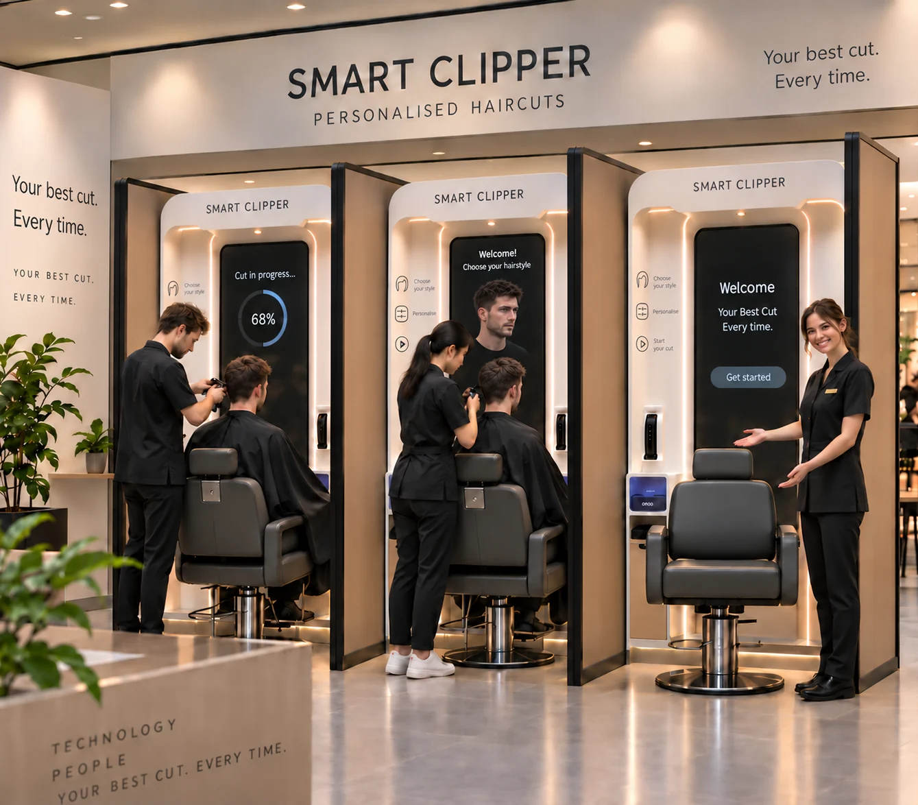 A concept store with three smart-clipper stations: staff cutting customers' hair at two of them, a third station ready with its welcome screen